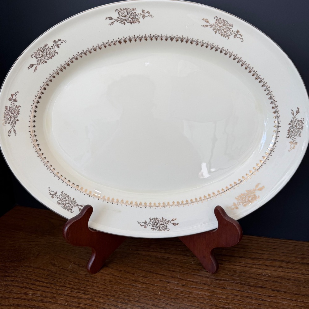 Edwin M Knowles Hostess Oval Serving Platter 15" Vintage Floral Gold China Cream